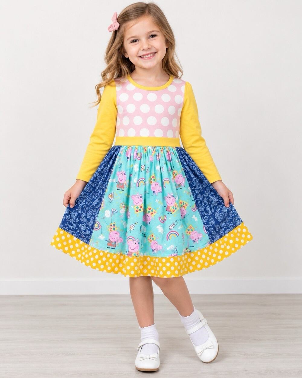 Chris & Missy Girls Size 6 Peppa Pig Dress Patchwork Polka Dot Long Sleeve USA